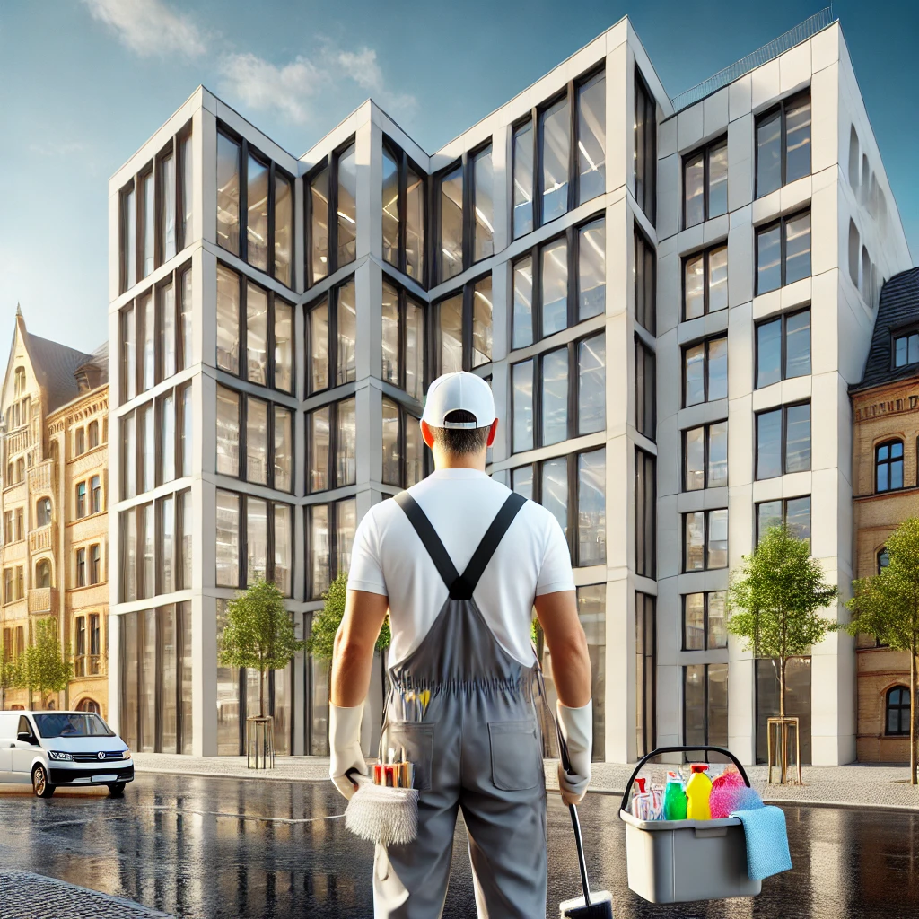 Gebäudereiniger auf der Straße, der ein Gebäude in Berlin begutachtet.