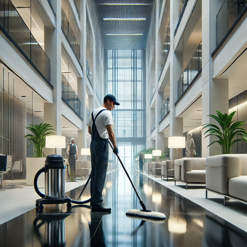 Reinigung eines modernen Bürogebäudes in Berlin, professionelles Reinigungsteam bei der Arbeit